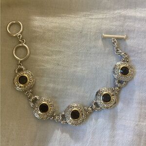 Premier‎ Designs Two Tone Panel Bracelet w/ Dark Brown Stones Toggle Clasp